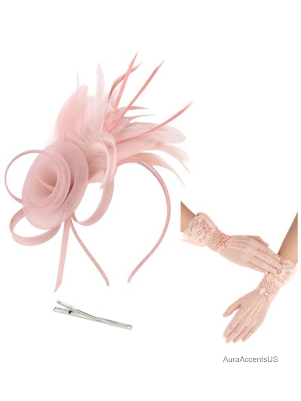 Women's Feather Fascinator Hat & Lace Fishnet Gloves Set Tea Party Derby